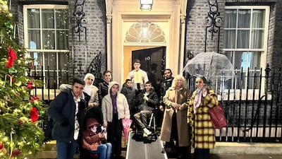 Two Palestinian children who have been treated in the UK, plus siblings, arrive at Downing Street to meet British Prime Minister Keir Starmer. Photo: Ofrah Muflahi
