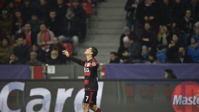 Javier Hernandez of Bayer LEverkusen celebrates after scoring the second goal against AS Roma on Tuesday night in the Champions League. Martin Meissner / AP