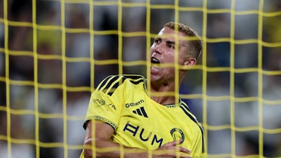 Cristiano Ronaldo celebrates scoring for Al Nassr against Al Taawoun for his 104th Saudi Pro League goal. Reuters