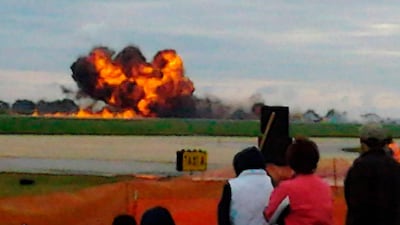 September 17, 2011" A vintage military T-28 aircraft crashes at an air show in Martinsburg, West Virginia, as shown in this eye-witness photograph by Morgan McEachern. According to Federal Aviation Administration spokesperson Jim Peters, the T-28 was part???