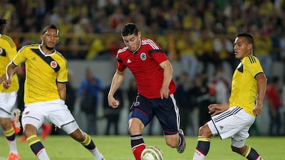 James Rodriguez in action during a Colombia national team exhibition at the El Campin stadium in Bogota, Colombia on May 23, 2014. Leonardo Munoz / EPA