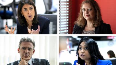 Clockwise from top left: Ambareen Musa, founder and CEO of Souqalmal.com; The National columnist Keren Bobker; Philip King, head of retail banking at ADIB; and Rasheda Khatun from Financial Life Planner, provide insights on why people are getting into excessive debt, how this situation can be resolved and where they can turn for help. Ravindranath K, Satish Kumar, Marwan Alhammadi and Mona Al Marzooqi / The National