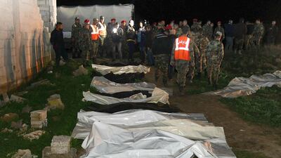 A handout picture released by the official Syrian Arab News Agency (SANA) shows Syrian government forces uncovering a mass grave containing bodies of people reportedly believed to have died between 2012 and 2014, in al-Ubb in the eastern Ghouta region about 20 kilometres east of the capital Damascus, which was formerly held by rebel forces until early 2018. The Syrian army has discovered a mass grave containing around 70 bodies in a former rebel bastion near Damascus, the state news agency reported on February 17. SANA said the victims found in the Eastern Ghouta region were "civilians and security personnel who were executed by terrorist groups". The densely-populated semi-urban area just east of Damascus was controled by rebel and jihadist factions for around six years until government forces retook it in 2018, following a long and bloody siege. The area of the mass grave, near Eastern Ghouta's main town of Douma, was controlled by rebel group Jaish al-Islam. AFP