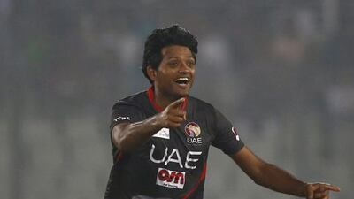 United Arab Emirates’ cricket team captain Amjad Javed reacts after claiming the wicket of Bangladesh’s Nurul Hasan during the Asia Cup Twenty20 international cricket match between them in Dhaka, Bangladesh, Friday, Feb. 26, 2016. (AP Photo/A.M. Ahad)