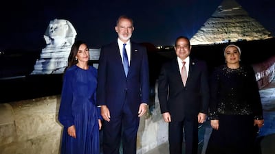 From left, Spain's Queen Letizia and King Felipe with Egyptian President Abdel Fattah El Sisi and his wife Entissar Amer at the Giza pyramid complex near Cairo after a gala dinner. EPA