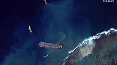 A view shows the bulk carrier ship MV Wakashio, that ran aground on a reef, Mauritius, August 12, 2020. Reuters