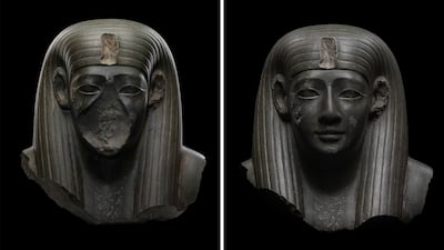 The goddess bust's 18th century nose was removed during restoration, left, revealing the extent of the damage, then reaffixed, right. Photo: David Aaron