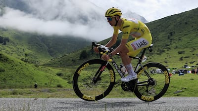 Race leader Tadej Pogacar of UAE Team Emirates in action. EPA