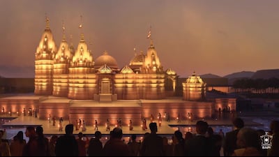 Plans for the Hindu temple in Abu Dhabi show a shrine with seven spires to represent the Emirates. Courtesy: BAPS Hindu Mandir