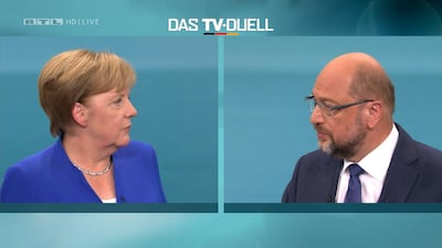 German Chancellor Angela Merkel of the Christian Democratic Union (CDU) debated main challenger Germany's Social Democratic Party (SPD) Martin Schulz. Mediengruppe RTL Deutschland via Reuters
