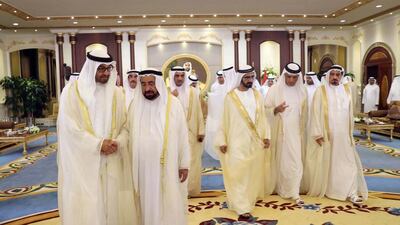 Sheikh Mohammed bin Rashid, Vice President and Ruler of Dubai, and Sheikh Mohammed bin Zayed, Crown Prince of Abu Dhabi and Deputy Supreme Commander of the Armed Forces, with Dr Sheikh Sultan bin Mohammed Al Qasimi, Ruler of Sharjah, Sheikh Saud bin Rashid Al Mualla, Ruler of Umm Al Quwain, Sheikh Hamad bin Mohammed Al Sharqi, Ruler of Fujairah, Sheikh Saud bin Saqr Al Qasimi, Ruler of Ras Al Khaimah and Sheikh Humaid bin Rashid Al Nuaimi, Ruler of Ajman, at an Eid Al Adha reception at Mushrif Palace. Wam
