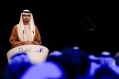 Dr Sultan Al Jaber speaks at the opening ceremony of Adipec in Abu Dhabi on Monday. Reuters