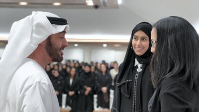 Sheikh Mohamed bin Zayed speaks to Hessa Buhumaid, Minister of Community Development, and US psychologist Angela Duckworth at the 2018 Majlis Mohamed bin Zayed. Rashed Al Mansoori / Crown Prince Court Abu Dhabi