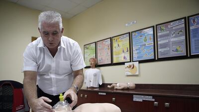 Hank Jacobs, Abu Dhabi Aviation’s chief safety trainer, says timing is a key aspect of the training he gives to first aiders. Ravindranath K / The National