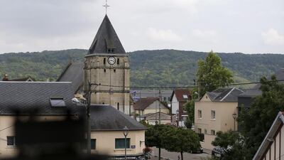 The church in the Normandy town of Saint-Etienne-du-Rouvray where a priest was killed on July 26, 2016, in the latest of a string of attacks against western targets claimed by or blamed on ISIL. Charly Triballeau / AFP