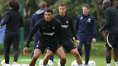 Chelsea defenders Thiago Silva and Cesar Azpilicueta during training ahead of the RB Salzburg game. AFP