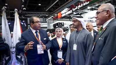 Sheikh Mohamed listens to a presentation at Idex