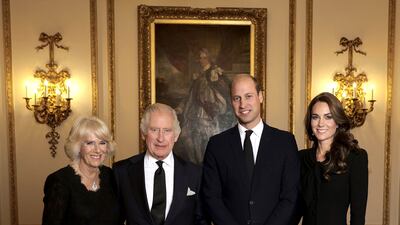 Camilla, the Queen Consort, Britain's King Charles III, Prince William and Kate, Princess of Wales, pose at Buckingham Palace ahead of the reception for Heads of State and Official Overseas Guests on September 18. AP