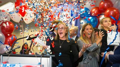Democrat Madeleine Dean celebrates after winning Pennsylvania's 4th Congressional District race, in Fort Washington. The Philadelphia Inquirer via AP