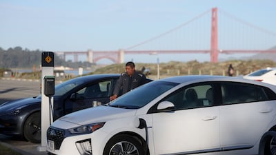 Electric vehicles recharge their batteries at the East Crissy Field charge station in San Francisco, California. AFP