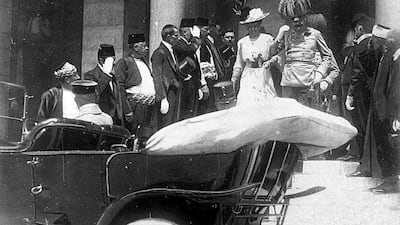 The Archduke of Austria Franz Ferdinand, center right, and his wife Sophie walk to their a car in Sarajevo minutes before their assassination, on June 28, 1914. All by AP Photos