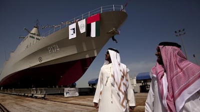 The 4th ship of the Baynunah Corvette Class programme is one of the UAE Navy's finest but now experts have said that Arabian Gulf navies should be looking to expand their fleets. Christopher Pike / The National