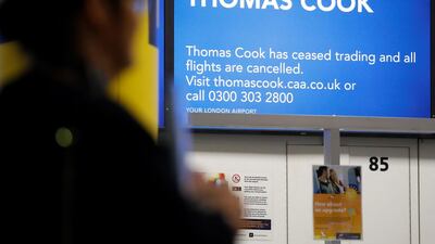 A sign at London Gatwick airport informing passengers that Thomas Cook has ceased trading. The 178 year-old tour operator filed for receivership on Tuesday. AFP.