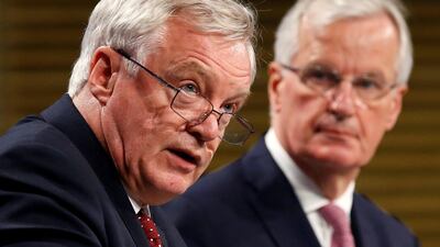 Britain's Brexit secretary David Davis (L) and the European Union's chief Brexit negotiator Michel Barnier in Brussels, Belgium. Francois Lenoir/Reuters