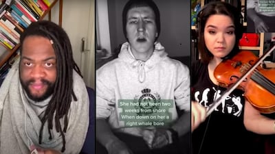 Scottish singer Nathan Evans (centre) has been credited starting the musical sea shanty trend on TikTok, which sees talented TikTokers have layered their vocals and instrumental skills onto his viral performance of 'The Wellerman'. TikTok