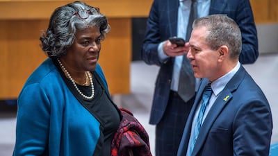 US Ambassador to the United Nations Linda Thomas-Greenfield talks to Israel's Permanent Representative to the United Nations Gilad Erdan at the United Nations headquarters in March. AFP