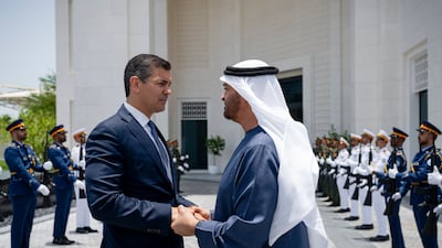 President Sheikh Mohamed bids farewell to Paraguay's President Santiago Pena after their meeting at Al Shati Palace. Photo: Mohamed Al Hammadi / UAE Presidential Court