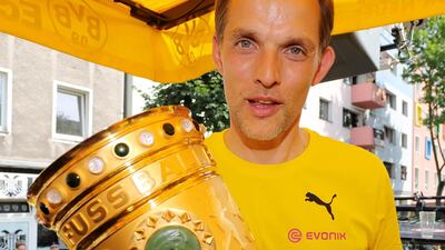 Thomas Tuchel of Borussia Dortmund lifts the DFB Cup on May 28, 2017. Getty Images