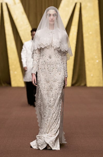 An ivory tulle embroidered gown from Manish Malhotra's Dubai 2026 collection. Photo: Manish Malhotra
