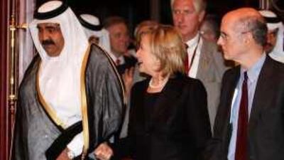 The US secretary of state Hillary Clinton with Qatari Emir Sheikh Hamad bin Khalifa al Thani at the US-Islamic World Forum yesterday.