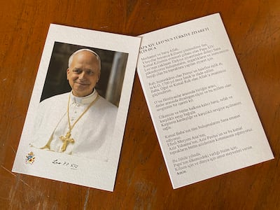Prayer cards in Turkish prepared by church authorities ahead of Pope Leo's visit. Lizzie Porter / The National