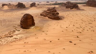 The Qasr al-Farid tomb (The Lonely Castle) carved into rose-coloured sandstone in Hegra. AFP