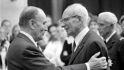 Claude Lévi-Strauss is awarded the Commander of the National Order of Merit by French President Francois Mitterrand on June 19, 1985 in Paris.