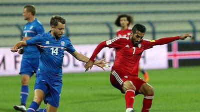 Ali Mabkhout, right, scored the winner for the UAE in their friendly match with Iceland. Satish Kumar / The National