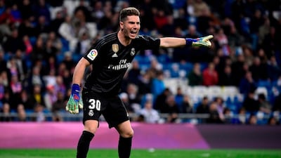 Luca Zidane gestures during the La Liga match between Real Madrid and Huesca at the Santiago Bernabeu on March 31, 2019. AFP