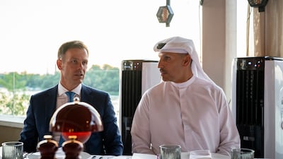 Khaldoon Al Mubarak, Abu Dhabi Executive Council member, Chairman of the Executive Affairs Authority, and Managing Director and Group CEO of Mubadala Investment Company, speaks to Sinisa Mali, Serbia’s Deputy Prime Minister and Minister of Finance, as the two delegations meet