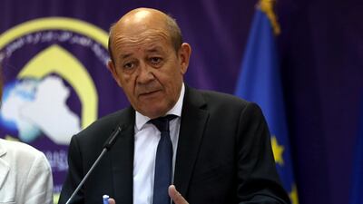 French foreign affairs minister Jean-Yves Le Drian at a joint press conference with French defence minister Florence Parly and the Iraqi foreign minister Ibrahim Al Jaafari in Baghdad. Karim Kadim/AP