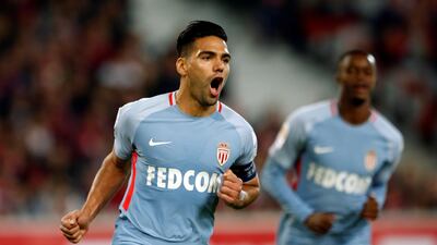 Monaco's Radamel Falcao celebrates scoring his side's fourth goal in a 4-1 win over Lille. Pascal Rossignol / Reuters