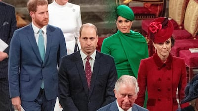 Prince Harry, Meghan, Prince William, Catherine, Duchess of Cambridge and Prince Charles, attend the Commonwealth Day Service in March 2020. Getty Images