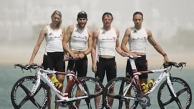 Team Abu Dhabi Triathlon's Ina Reinders, Faris al Sultan, Swen Sundberg and Andi Bocherer. Three are in Hawaii.