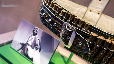 A protective mihzam belt, in leather and copper alloy, on display at Zayed National Museum. Victor Besa / The National