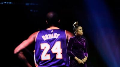 Jennifer Hudson sings a tribute to former NBA All-Star Kobe Bryant and his daughter Gianna, who were killed in a helicopter crash on January 26, before the NBA All-Star basketball game in Chicago. AP
