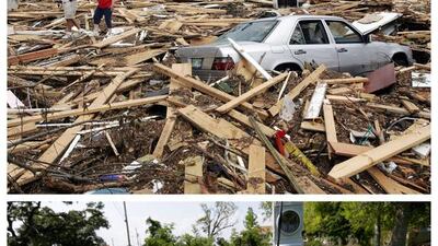 Harry and Silvia Pulizzano walking across debris from Hurricane Katrina in search of Silvia’s brother’s home in Waveland, Mississippi. and the same site a decade later.