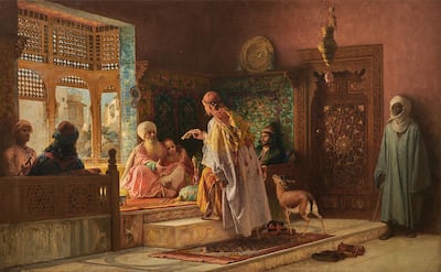 A messenger delivers a missive to a recling dignitary in this richly detailed, gorgeously painted work by American artist Frederick Arthur Bridgman. Najd Collection