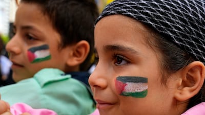Children attend a rally in southern Beirut in solidarity with the Palestinian people in Gaza. AP