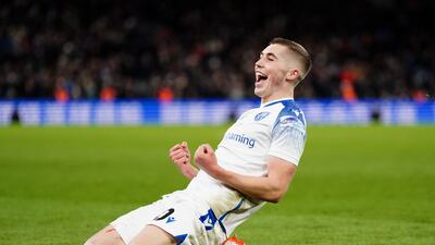 Dean Campbell celebrates scoring Stevenage's second goal in their 2-1 FA Cup third-round win over Aston Villa at Villa Park, on January 8, 2023. PA